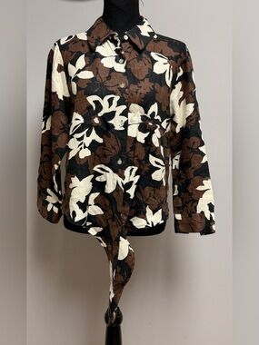 VTG Carry Back 100% Linen Abstract Floral Button Up Shirt Tie Front Blouse S